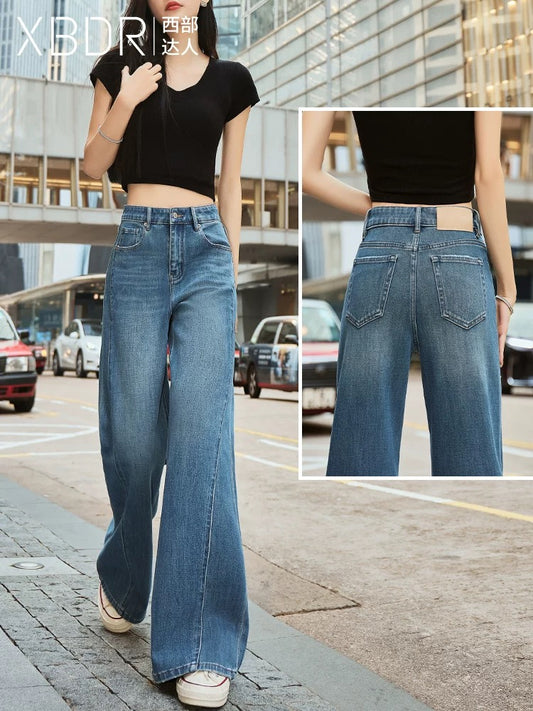 2025 Spring New Haze Blue High Waist Flared Jeans Women's Drape Slim Fashionable Floor-Mopping Flared Horseshoe Pants