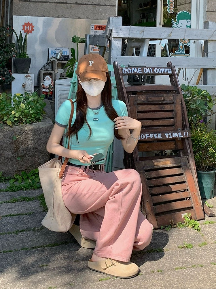 Song Zhengen mint green t-shirt women's short-sleeved summer pure cotton short shoulder half-sleeved top slim fit and versatile