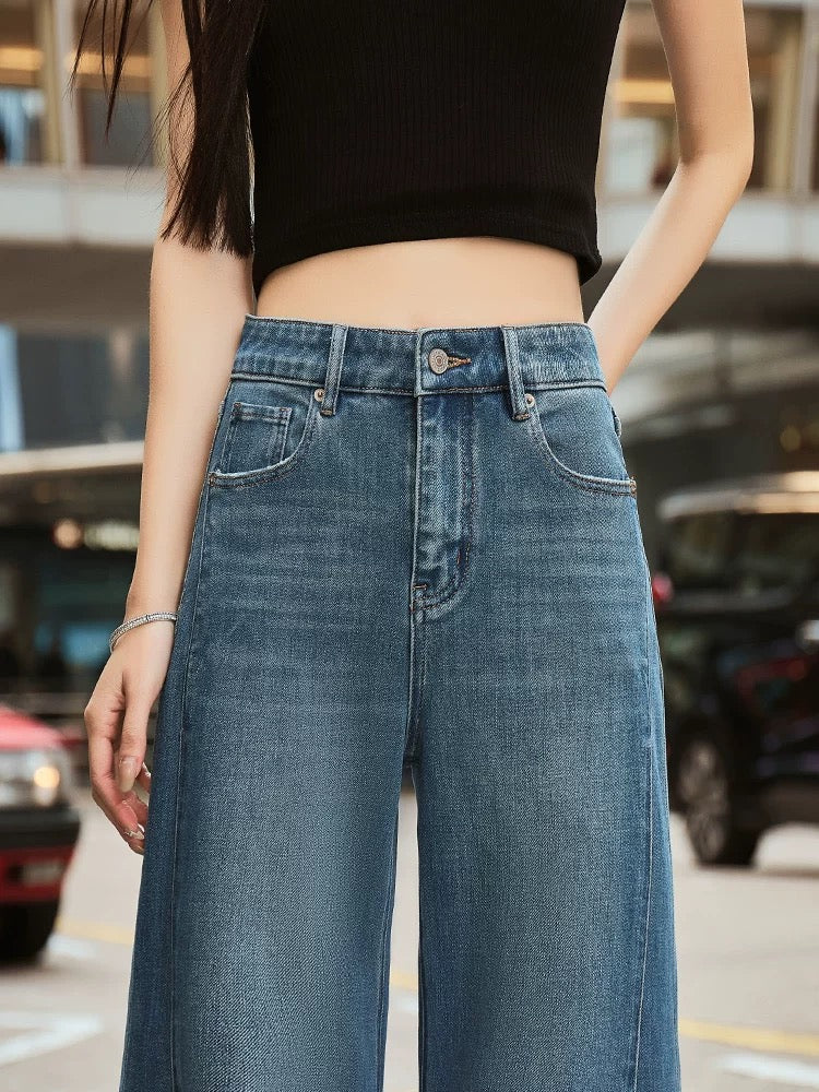 2025 Spring New Haze Blue High Waist Flared Jeans Women's Drape Slim Fashionable Floor-Mopping Flared Horseshoe Pants