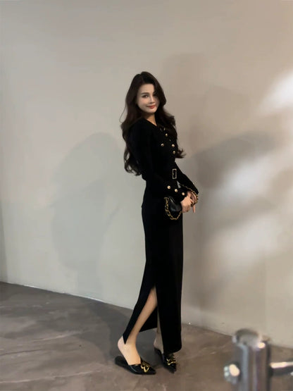 Da Tingting Retro Button Little Black Dress, Elegant Slim Fit Slit Dress, Long Dress with Belt DT1871