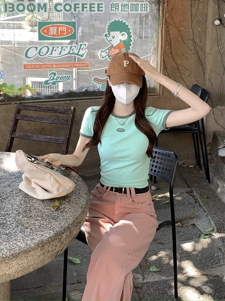 Song Zhengen mint green t-shirt women's short-sleeved summer pure cotton short shoulder half-sleeved top slim fit and versatile