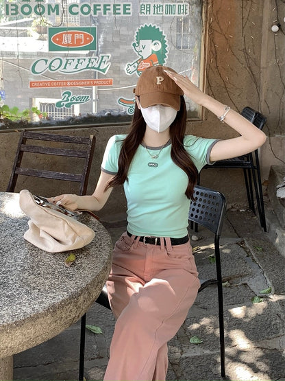 Song Zhengen mint green t-shirt women's short-sleeved summer pure cotton short shoulder half-sleeved top slim fit and versatile