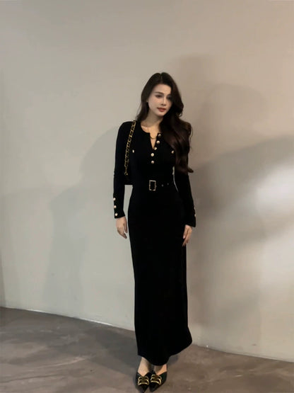 Da Tingting Retro Button Little Black Dress, Elegant Slim Fit Slit Dress, Long Dress with Belt DT1871