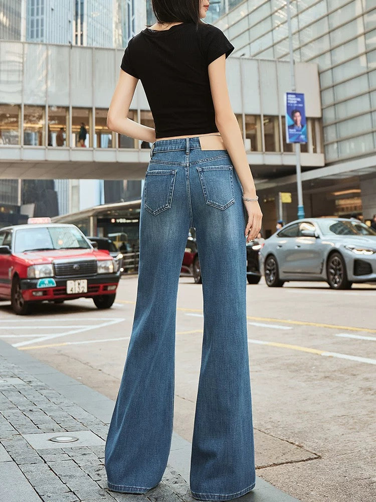 2025 Spring New Haze Blue High Waist Flared Jeans Women's Drape Slim Fashionable Floor-Mopping Flared Horseshoe Pants