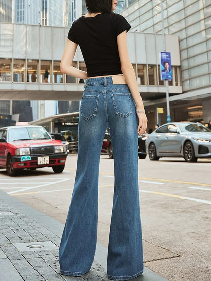 2025 Spring New Haze Blue High Waist Flared Jeans Women's Drape Slim Fashionable Floor-Mopping Flared Horseshoe Pants