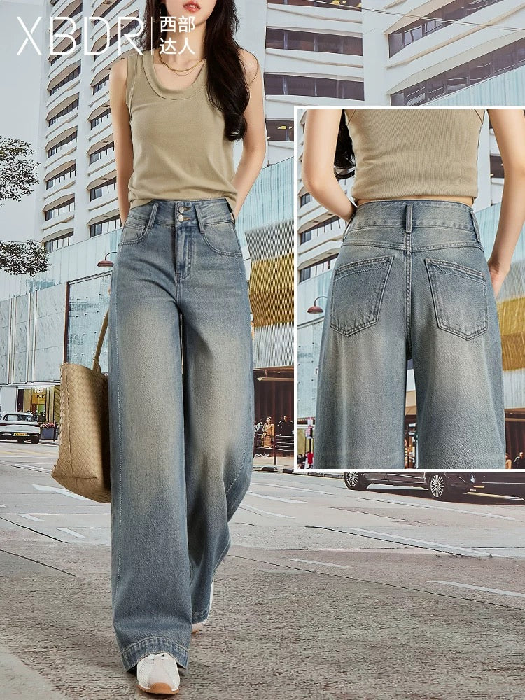 2025 summer new Hong Kong style retro blue high waist straight denim wide leg pants women's drape slim petite trousers