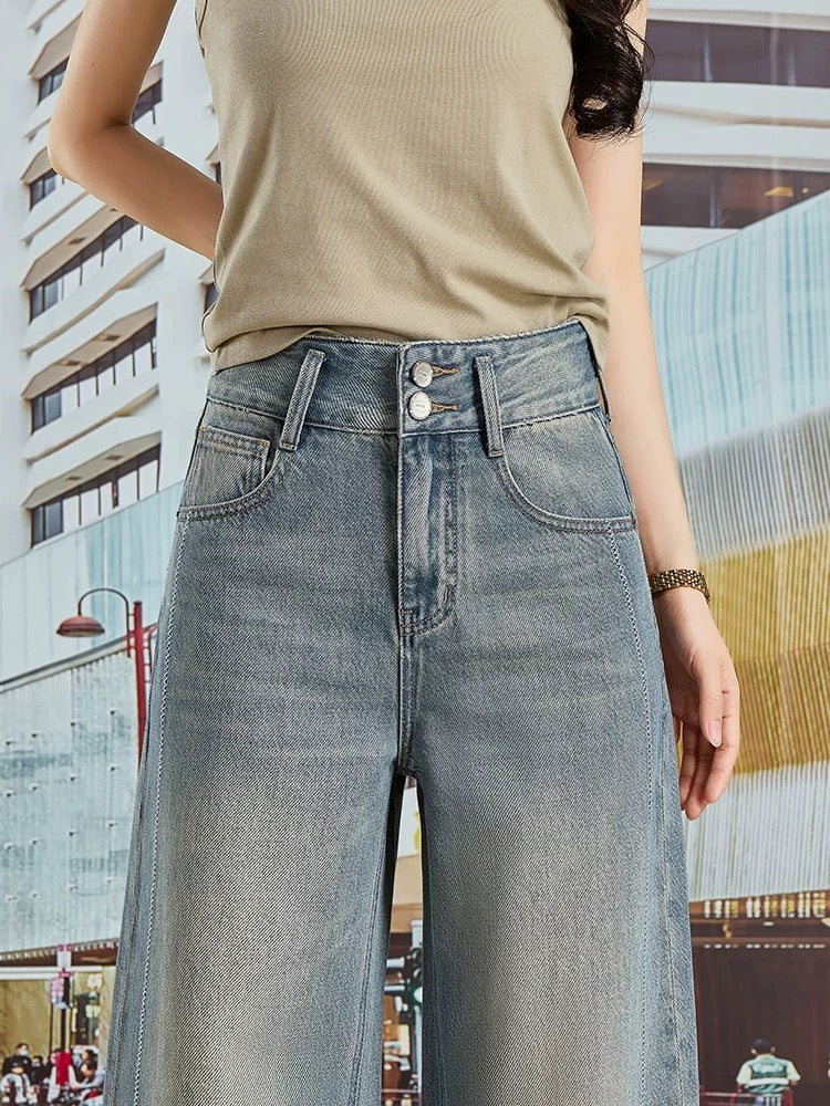2025 summer new Hong Kong style retro blue high waist straight denim wide leg pants women's drape slim petite trousers