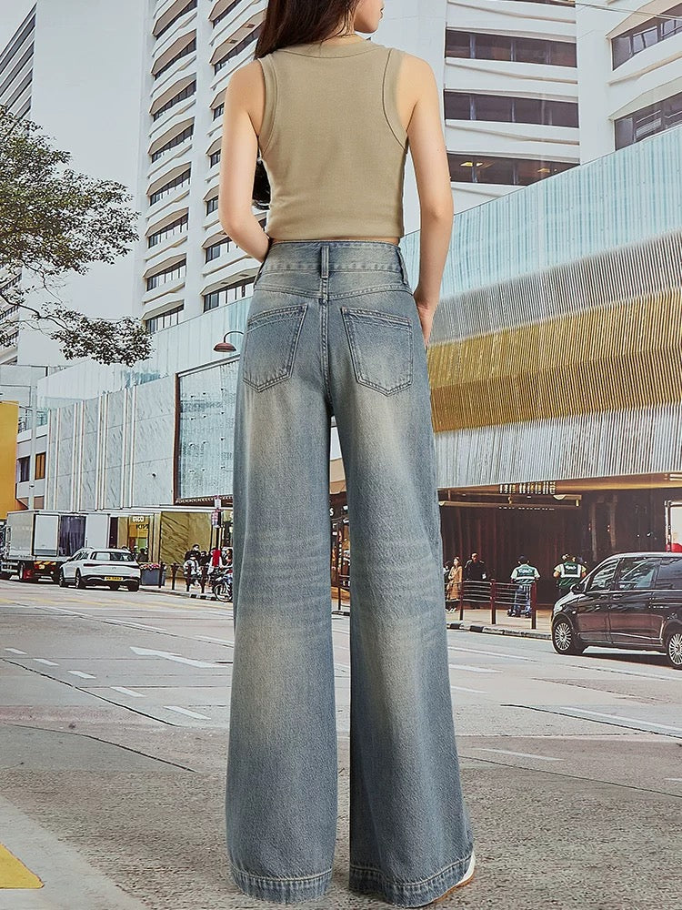 2025 summer new Hong Kong style retro blue high waist straight denim wide leg pants women's drape slim petite trousers