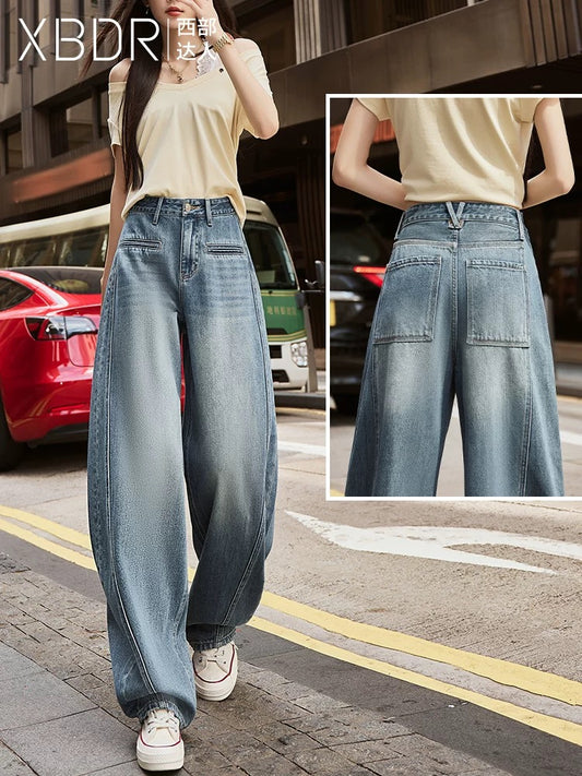 2025 summer new American high street wide-leg jeans women's loose drape slim pear-shaped versatile wutong pants trend