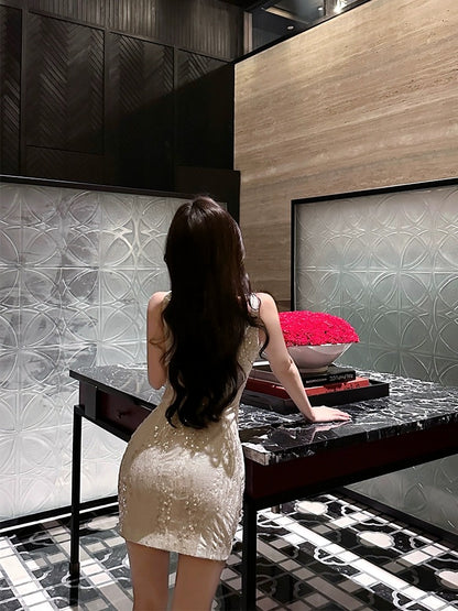 For Fay white sequined high-end V-neck slim hip-covering suspender dress for women summer backless short skirt