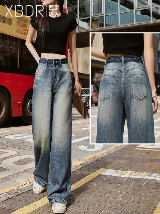 2025 Spring New Color-blocked High-waist Straight-leg Wide-leg Jeans Women's Drape Slimming Loose Hip-lifting Trendy Trousers