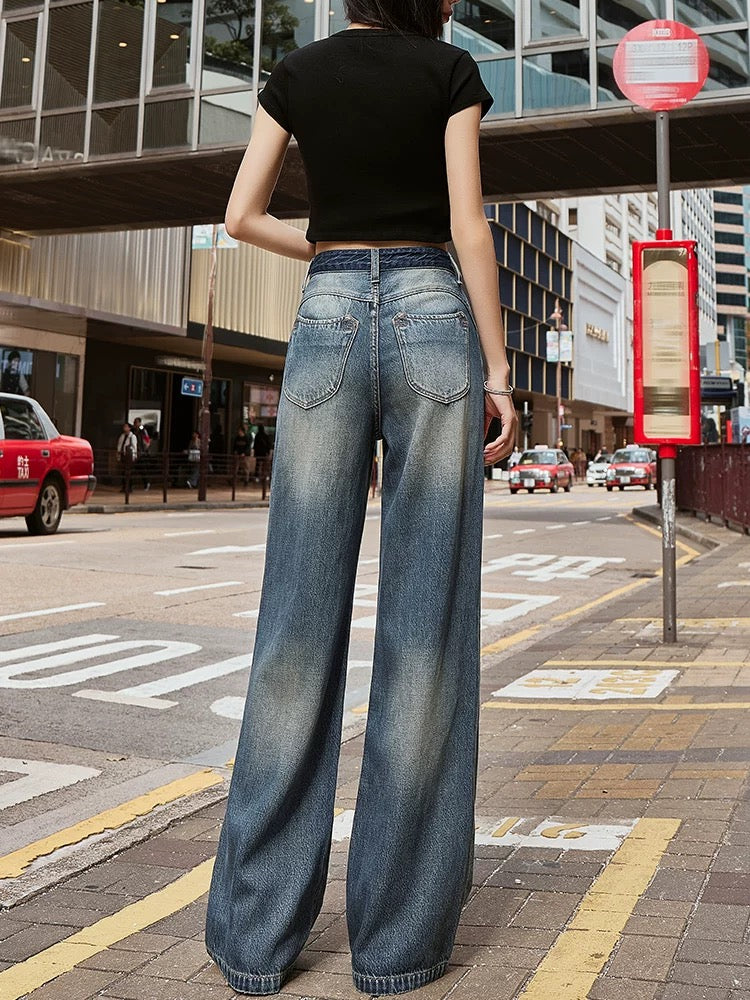 2025 Spring New Color-blocked High-waist Straight-leg Wide-leg Jeans Women's Drape Slimming Loose Hip-lifting Trendy Trousers