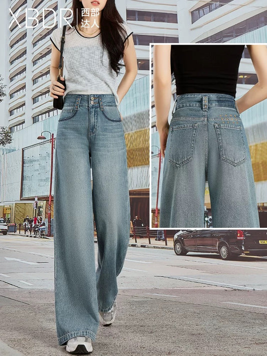 2025 Summer New Haze Blue Double Button High Waist Jeans Women's Loose Slimming Small Wide Leg Straight Trousers