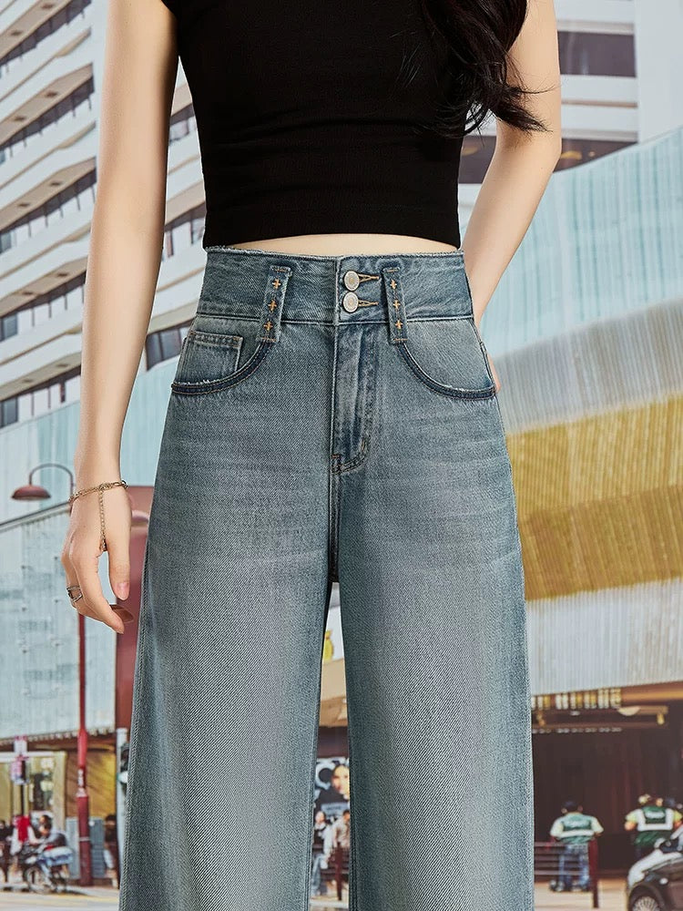 2025 Summer New Haze Blue Double Button High Waist Jeans Women's Loose Slimming Small Wide Leg Straight Trousers