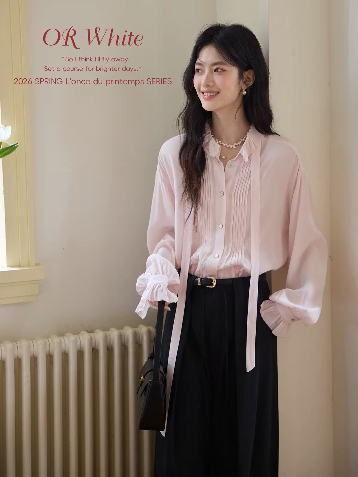 ORWhite Pink Silky Drapey Vintage-Style Blouse with Lettuce-Edge Trim, Bow Tie, and Loose Silhouette