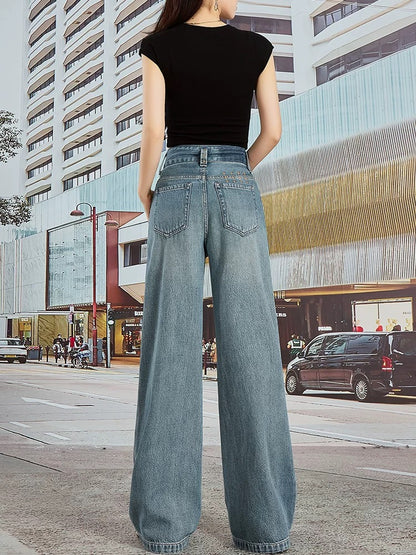 2025 Summer New Haze Blue Double Button High Waist Jeans Women's Loose Slimming Small Wide Leg Straight Trousers