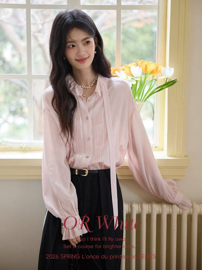 ORWhite Pink Silky Drapey Vintage-Style Blouse with Lettuce-Edge Trim, Bow Tie, and Loose Silhouette