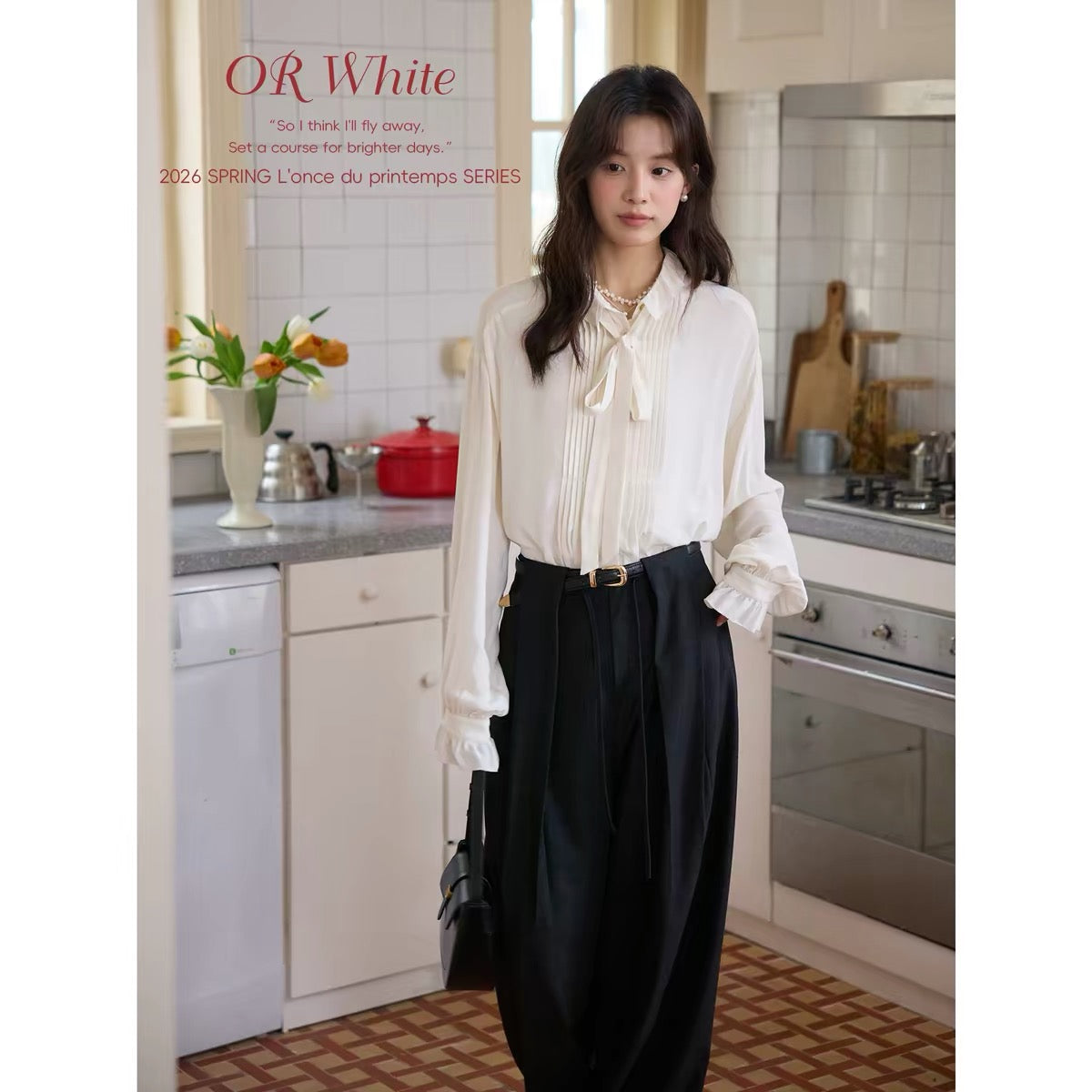 ORWhite Pink Silky Drapey Vintage-Style Blouse with Lettuce-Edge Trim, Bow Tie, and Loose Silhouette