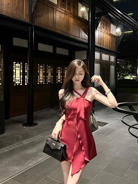For Fay original rose red bright style slim sexy ribbon satin suspender dress women's summer short skirt