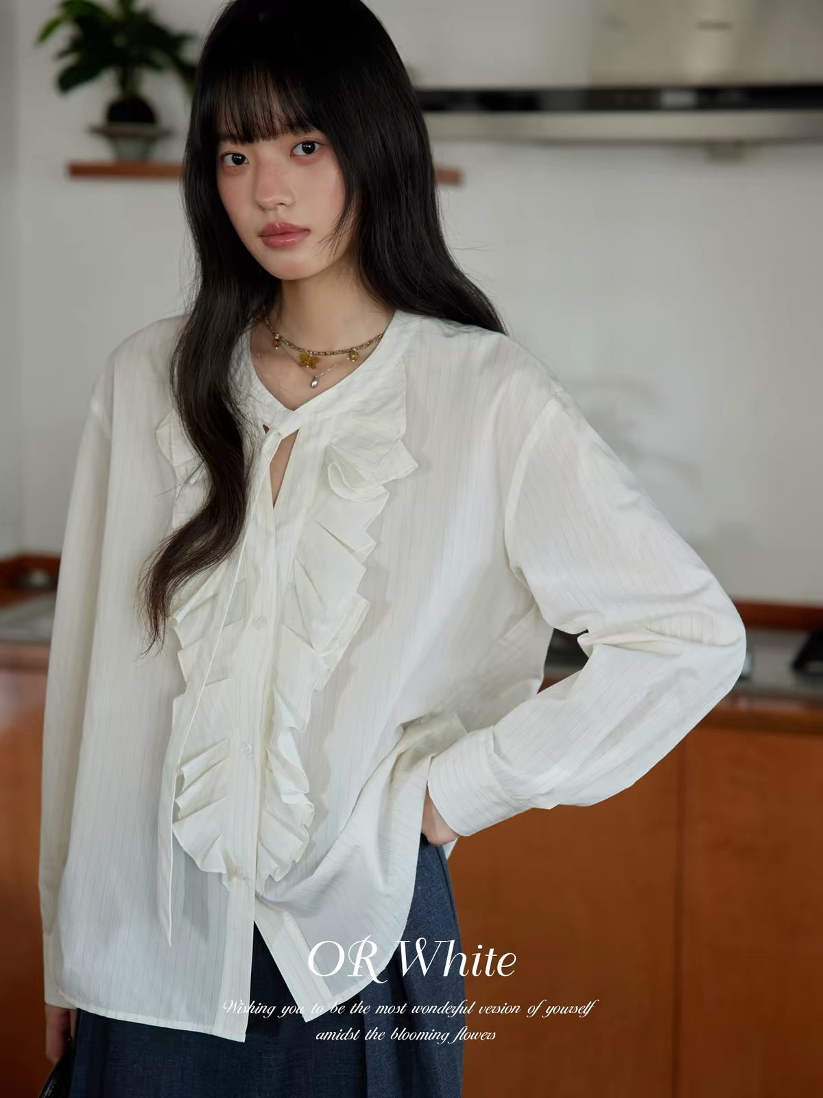 [In Stock] ORWhite Long-Sleeve Shirt with 3D Ruffles and Bow Tie Detail (Available in 2 Colors)