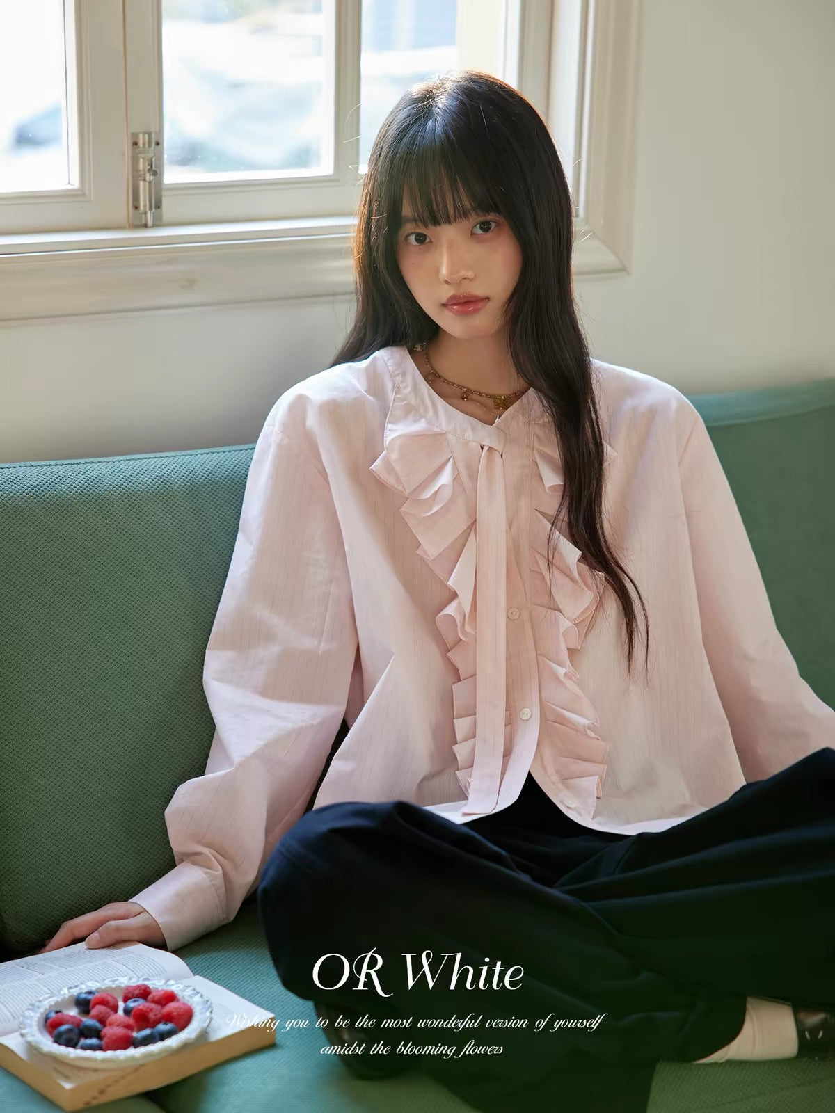 [In Stock] ORWhite Long-Sleeve Shirt with 3D Ruffles and Bow Tie Detail (Available in 2 Colors)