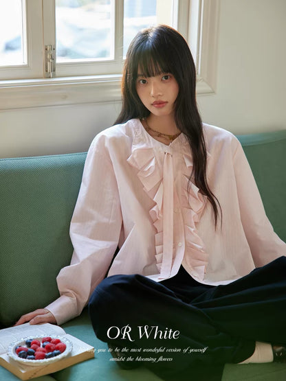 [In Stock] ORWhite Long-Sleeve Shirt with 3D Ruffles and Bow Tie Detail (Available in 2 Colors)