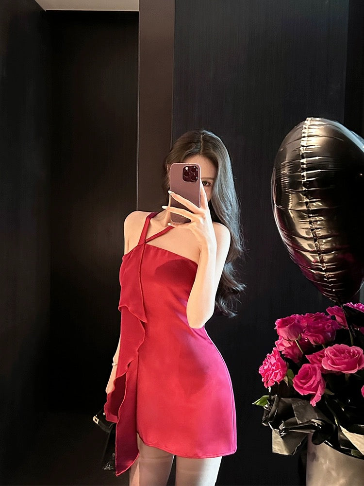 For Fay original rose red bright style slim sexy ribbon satin suspender dress women's summer short skirt