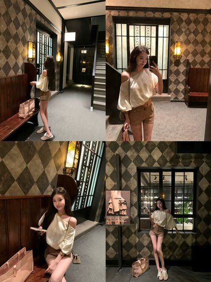 [OYFF Fanfan is here! Nice Weekend] Korean style relaxed pearlescent satin off-shoulder loose cropped T-shirt