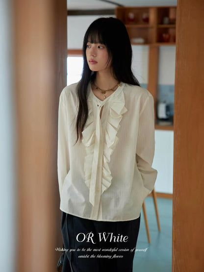 [In Stock] ORWhite Long-Sleeve Shirt with 3D Ruffles and Bow Tie Detail (Available in 2 Colors)
