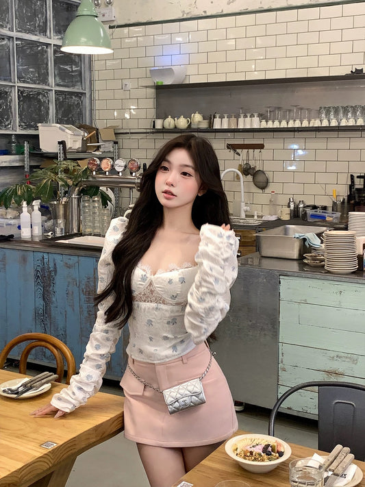 OYFF Fanfan is here! 【Cloud Sea Salt】Lace-trimmed puff sleeve long-sleeved shirt, floral print, short style.