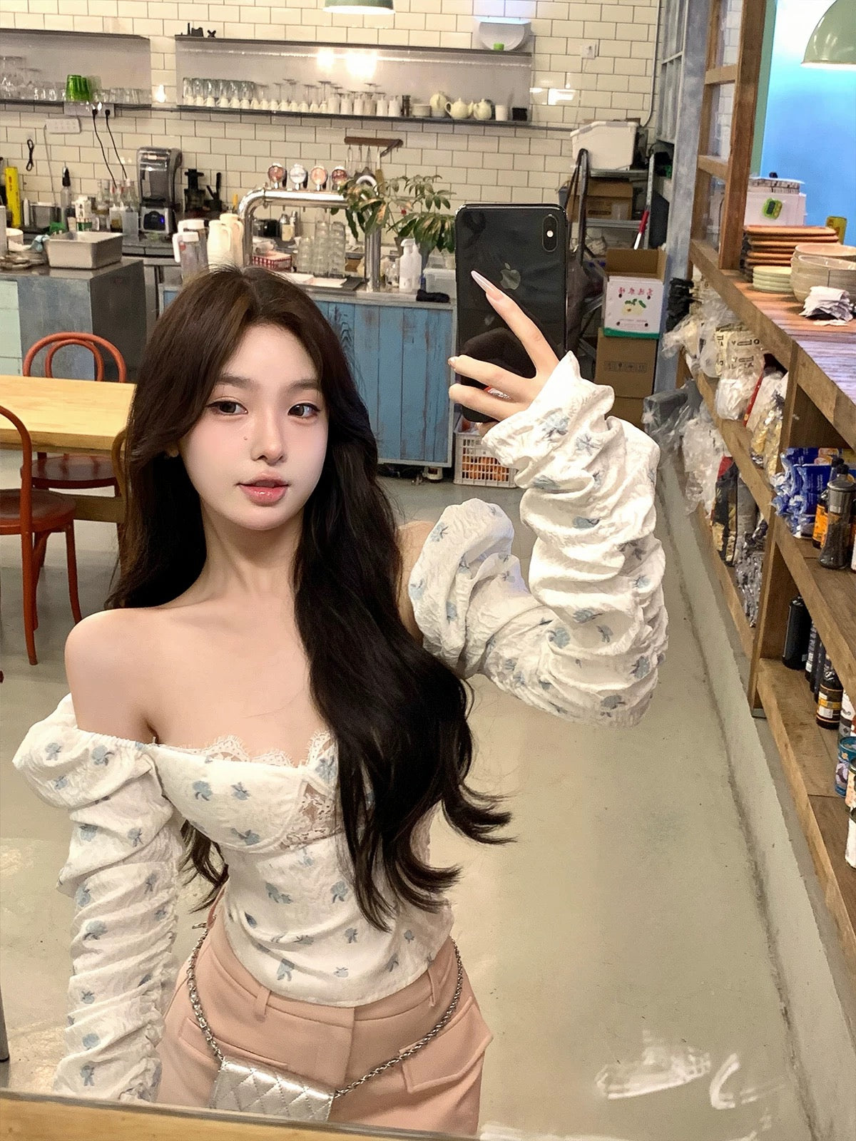 OYFF Fanfan is here! 【Cloud Sea Salt】Lace-trimmed puff sleeve long-sleeved shirt, floral print, short style.