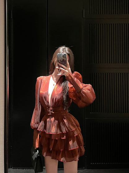 For Fay Original [Sunset Rose] 2022 New Slim Red Dress Puff Sleeve Birthday Dress for Women