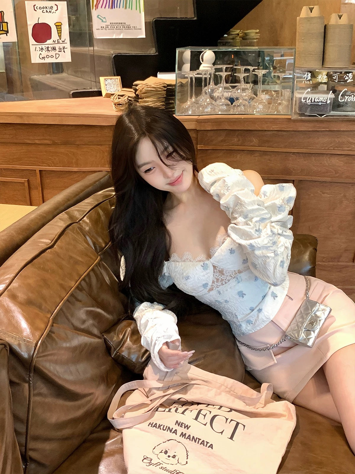 OYFF Fanfan is here! 【Cloud Sea Salt】Lace-trimmed puff sleeve long-sleeved shirt, floral print, short style.