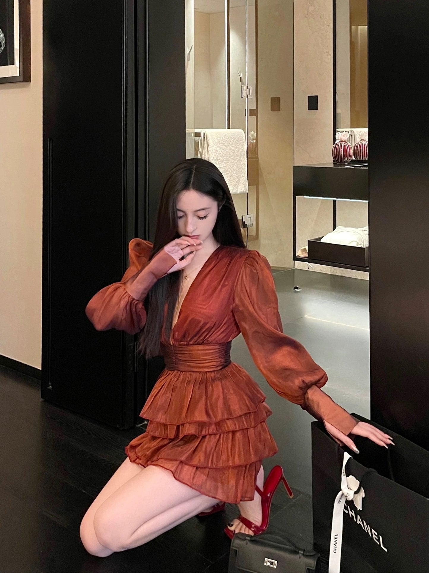 For Fay Original [Sunset Rose] 2022 New Slim Red Dress Puff Sleeve Birthday Dress for Women