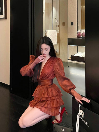 For Fay Original [Sunset Rose] 2022 New Slim Red Dress Puff Sleeve Birthday Dress for Women