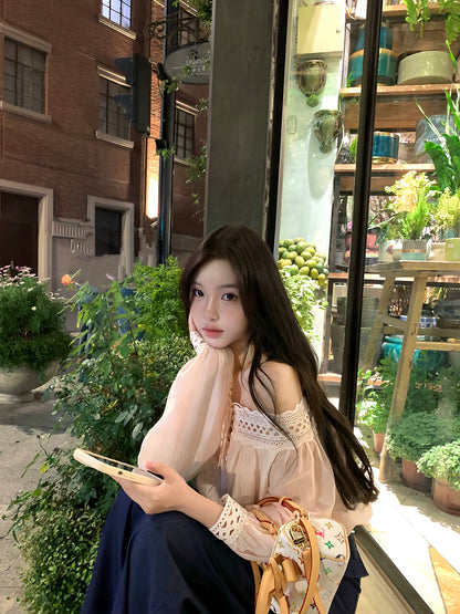 OYFF Fanfan is here! [Luoshen Flower Message] Pink Off-Shoulder Lace-Trimmed Long-Sleeved Backless Top for Women