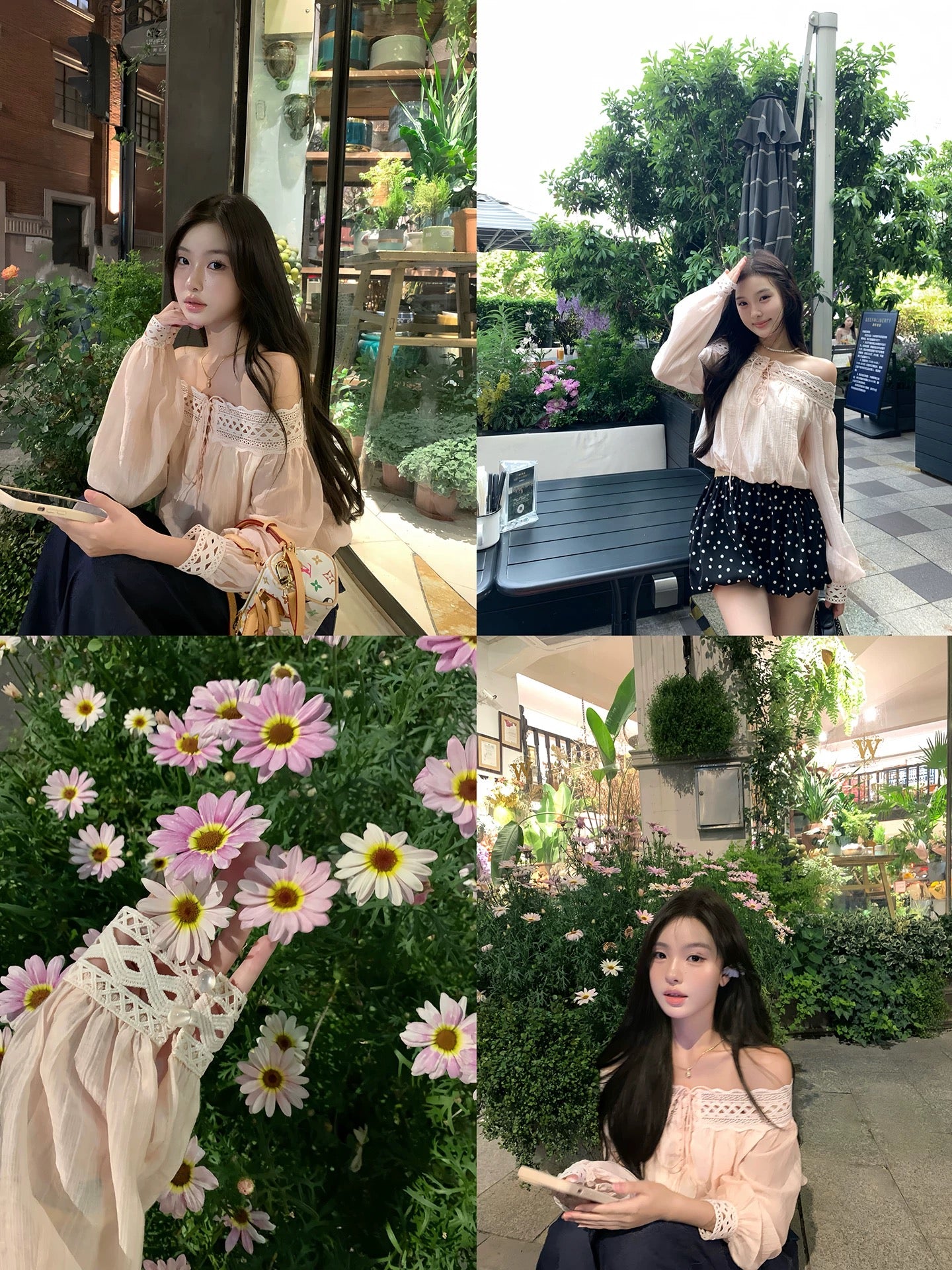 OYFF Fanfan is here! [Luoshen Flower Message] Pink Off-Shoulder Lace-Trimmed Long-Sleeved Backless Top for Women