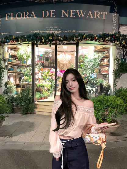 OYFF Fanfan is here! [Luoshen Flower Message] Pink Off-Shoulder Lace-Trimmed Long-Sleeved Backless Top for Women