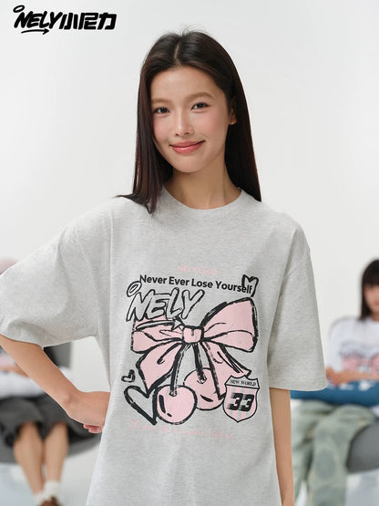 NELY Little Nelly Letter Bowknot Cherry Print Short-sleeved T-shirt Summer College Style Cotton T-shirt Trendy Men and Women