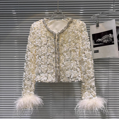 Popular online style, 2025 winter new light luxury elegant ostrich feather sleeve sequined cotton-padded short jacket top for women.