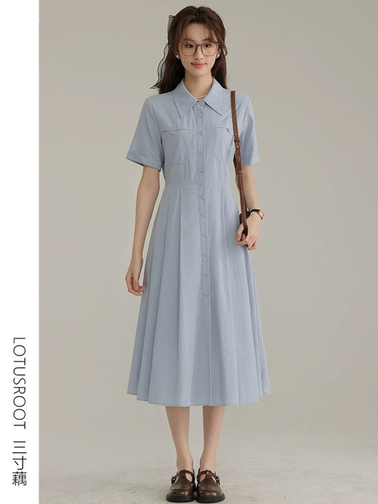 [Three-Inch Lotus Root] Summer French New Style Blue College Style Dress Women's Waist Pleated Commuting Shirt Skirt