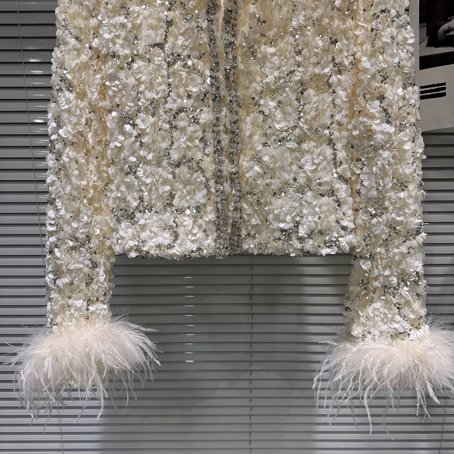 Popular online style, 2025 winter new light luxury elegant ostrich feather sleeve sequined cotton-padded short jacket top for women.