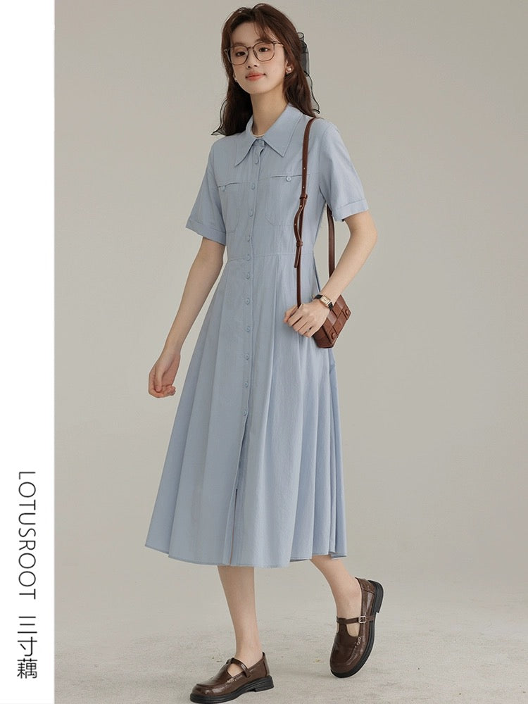 [Three-Inch Lotus Root] Summer French New Style Blue College Style Dress Women's Waist Pleated Commuting Shirt Skirt