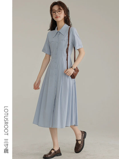 [Three-Inch Lotus Root] Summer French New Style Blue College Style Dress Women's Waist Pleated Commuting Shirt Skirt