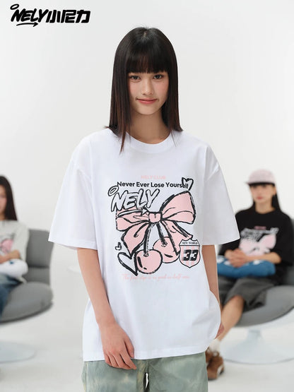 NELY Little Nelly Letter Bowknot Cherry Print Short-sleeved T-shirt Summer College Style Cotton T-shirt Trendy Men and Women