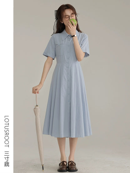 [Three-Inch Lotus Root] Summer French New Style Blue College Style Dress Women's Waist Pleated Commuting Shirt Skirt