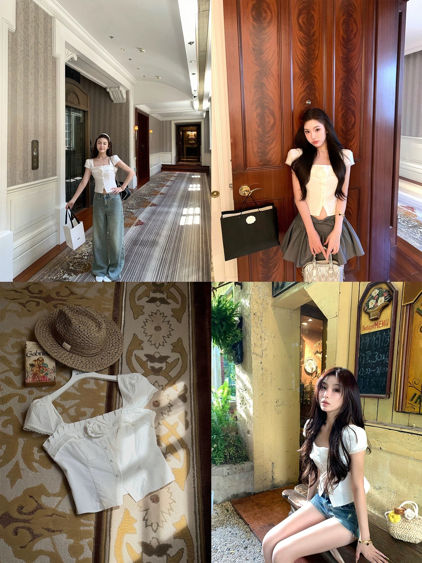 OYFF Fanfan is here! [Cellpaper] Pure White Sweet Square Neck Three-Dimensional Floral Slim Fit Short Shirt for Women