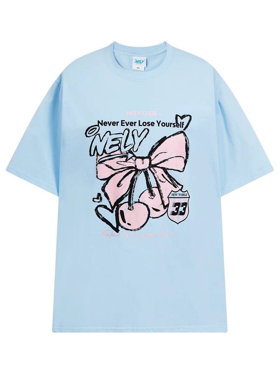 NELY Little Nelly Letter Bowknot Cherry Print Short-sleeved T-shirt Summer College Style Cotton T-shirt Trendy Men and Women