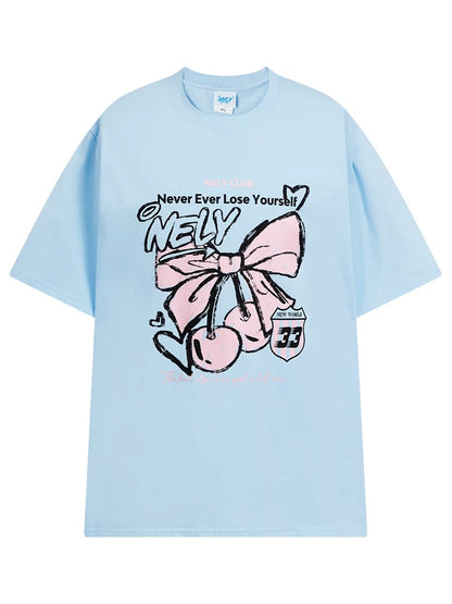 NELY Little Nelly Letter Bowknot Cherry Print Short-sleeved T-shirt Summer College Style Cotton T-shirt Trendy Men and Women