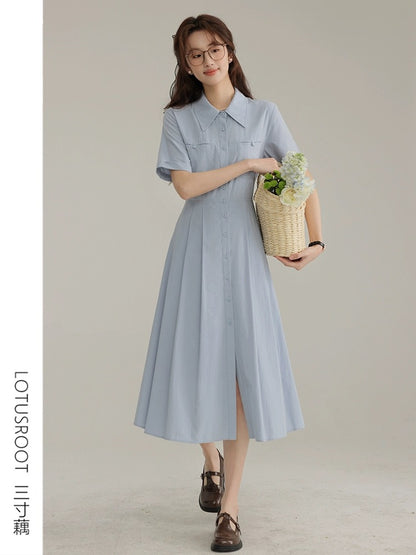[Three-Inch Lotus Root] Summer French New Style Blue College Style Dress Women's Waist Pleated Commuting Shirt Skirt